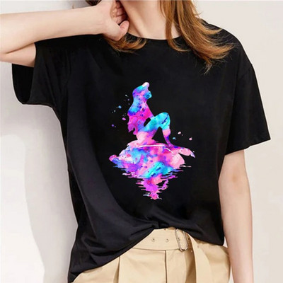 Nyári divat ing Virágos táncoló lány póló Női felsők Egyszerű O-nyakú fekete pólók Butterfly Girls póló Rövid ujjú pólók