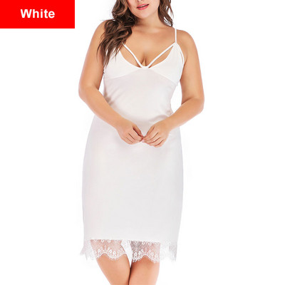 Nagy méretű, keresztben keresztezett nyakú ujjatlan csúszós szexi hálóing 4XL női pizsama lábszárközépig csipkeszegély ruha fényes fehér fekete ruhák