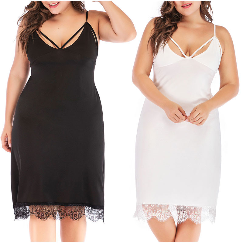 Nagy méretű, keresztben keresztezett nyakú ujjatlan csúszós szexi hálóing 4XL női pizsama lábszárközépig csipkeszegély ruha fényes fehér fekete ruhák