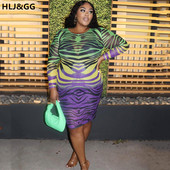 HLJ&GG Καλοκαιρινό ριγέ ντεγκραντέ σχέδιο συν μέγεθος XL-5XL Γυναικείο φόρεμα με μακρύ λαιμόκοψη και γόνατο σέξι πακέτο Φορέματα ισχίου Vestidos