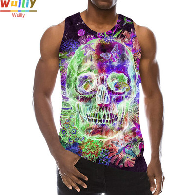 Rainbow Skull Tank Tops για άντρες Summer Skeleton Graphic 3D print Αμάνικα αθλητικά μπλουζάκια γυμναστικής Νέα γιλέκο χιπ χοπ παραλίας La Running