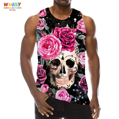 Rainbow Skull Tank Tops για άντρες Summer Skeleton Graphic 3D print Αμάνικα αθλητικά μπλουζάκια γυμναστικής Νέα γιλέκο χιπ χοπ παραλίας La Running
