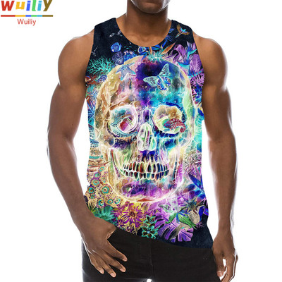 Rainbow Skull Tank Tops για άντρες Summer Skeleton Graphic 3D print Αμάνικα αθλητικά μπλουζάκια γυμναστικής Νέα γιλέκο χιπ χοπ παραλίας La Running