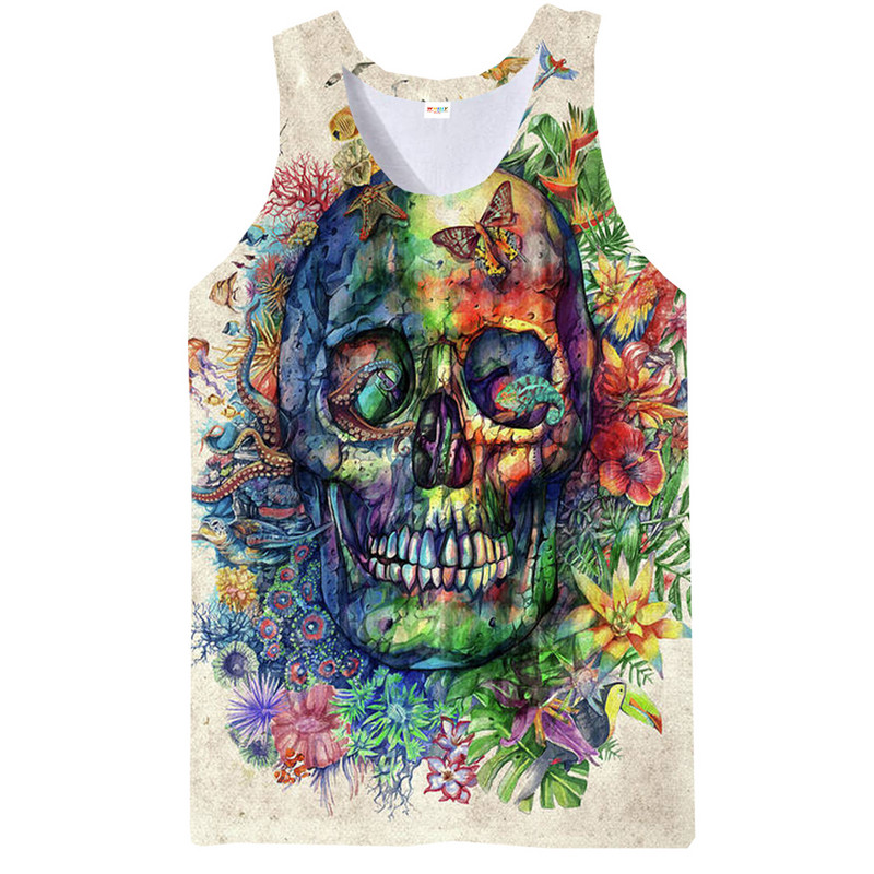 Rainbow Skull Tank Tops για άντρες Summer Skeleton Graphic 3D print Αμάνικα αθλητικά μπλουζάκια γυμναστικής Νέα γιλέκο χιπ χοπ παραλίας La Running