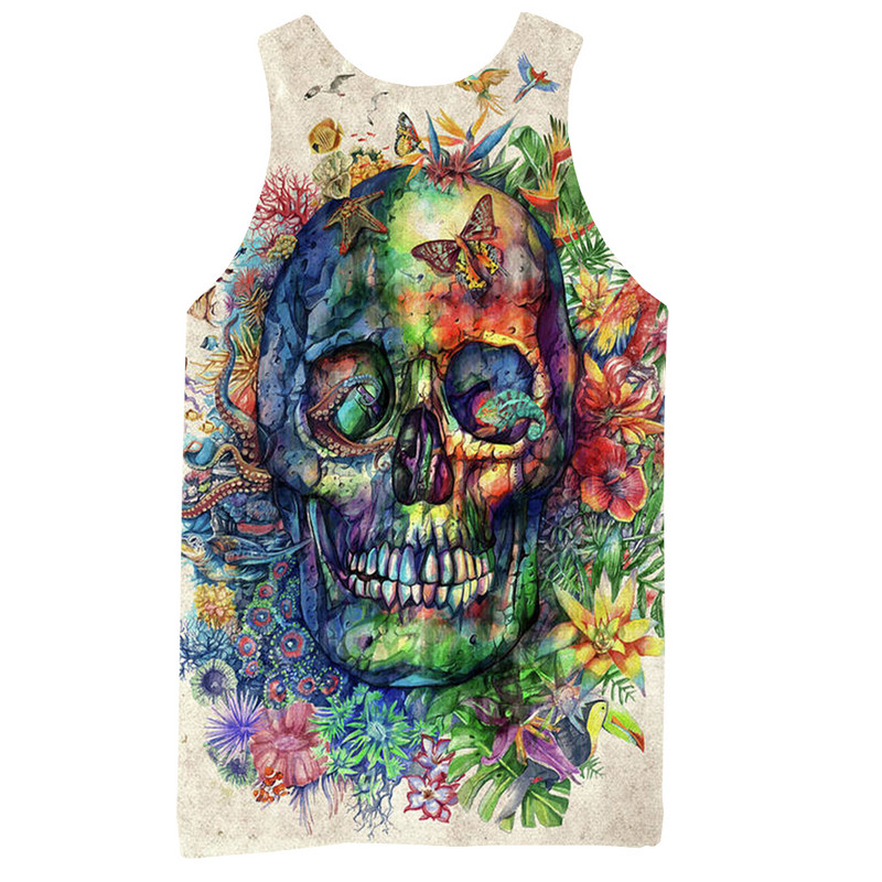 Rainbow Skull Tank Tops για άντρες Summer Skeleton Graphic 3D print Αμάνικα αθλητικά μπλουζάκια γυμναστικής Νέα γιλέκο χιπ χοπ παραλίας La Running