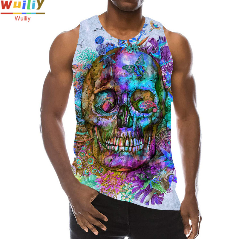 Rainbow Skull Tank Tops για άντρες Summer Skeleton Graphic 3D print Αμάνικα αθλητικά μπλουζάκια γυμναστικής Νέα γιλέκο χιπ χοπ παραλίας La Running