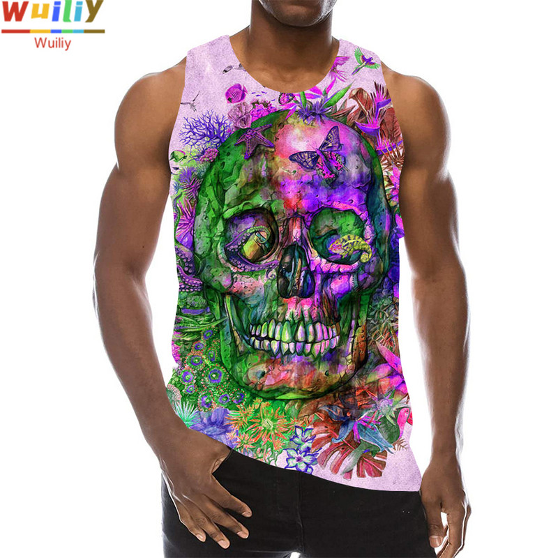 Rainbow Skull Tank Tops για άντρες Summer Skeleton Graphic 3D print Αμάνικα αθλητικά μπλουζάκια γυμναστικής Νέα γιλέκο χιπ χοπ παραλίας La Running