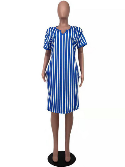 ZJFZML ZZ Liela izmēra kleitas sievietēm 2022. gada vairumtirdzniecība vertikāli ar svītru apdruku ar dziļu V kakla izgriezumu, īsām piedurknēm, taisna kleita, karsta piegāde