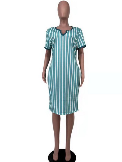 ZJFZML ZZ Liela izmēra kleitas sievietēm 2022. gada vairumtirdzniecība vertikāli ar svītru apdruku ar dziļu V kakla izgriezumu, īsām piedurknēm, taisna kleita, karsta piegāde