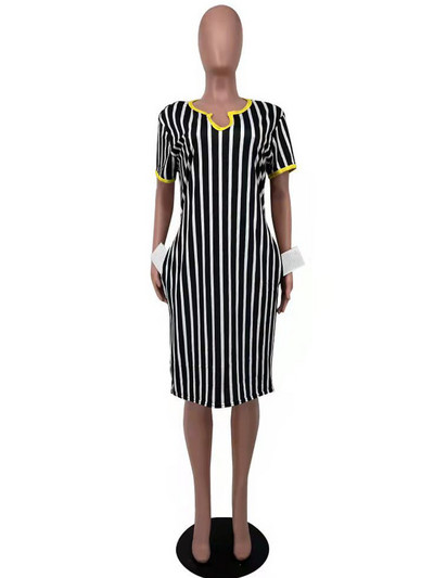 ZJFZML ZZ Liela izmēra kleitas sievietēm 2022. gada vairumtirdzniecība vertikāli ar svītru apdruku ar dziļu V kakla izgriezumu, īsām piedurknēm, taisna kleita, karsta piegāde