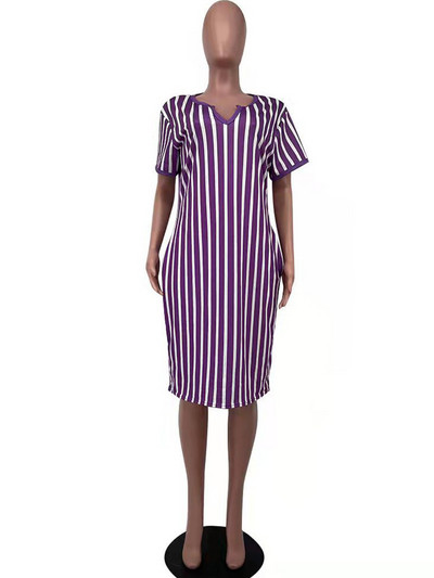 ZJFZML ZZ Liela izmēra kleitas sievietēm 2022. gada vairumtirdzniecība vertikāli ar svītru apdruku ar dziļu V kakla izgriezumu, īsām piedurknēm, taisna kleita, karsta piegāde