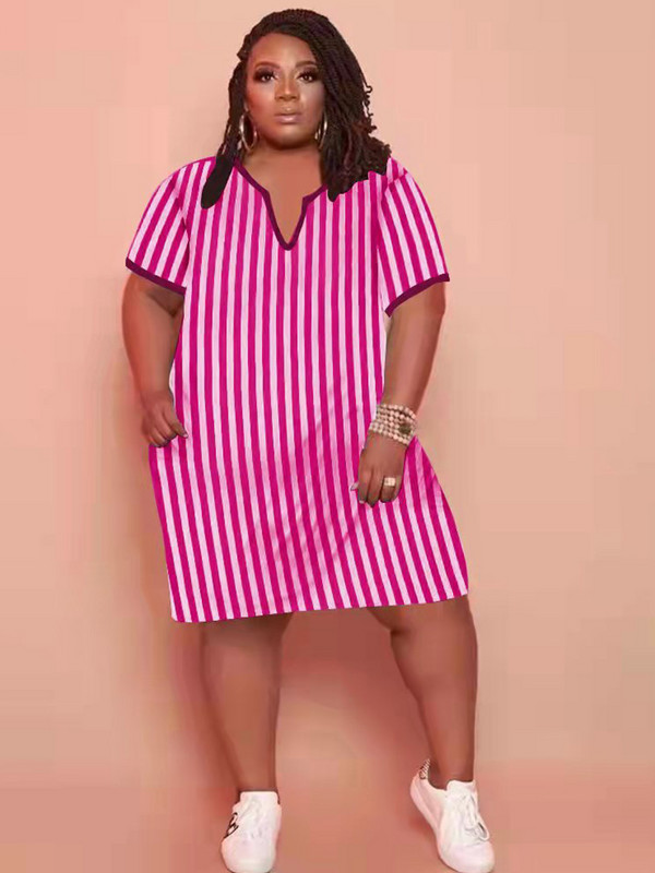 ZJFZML ZZ Liela izmēra kleitas sievietēm 2022. gada vairumtirdzniecība vertikāli ar svītru apdruku ar dziļu V kakla izgriezumu, īsām piedurknēm, taisna kleita, karsta piegāde