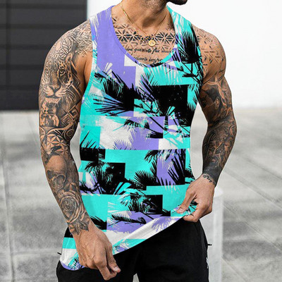 Muški prsluk s printom lišća drveća za plažu Ljeto Ležerni O izrez Jednostavan print bez rukava Majice bez rukava za teretanu Muška odjeća za teretanu Bodybuilding 2023