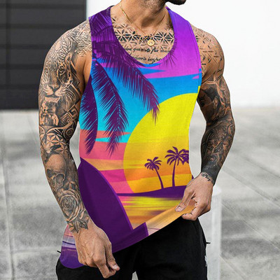 Muški prsluk s printom lišća drveća za plažu Ljeto Ležerni O izrez Jednostavan print bez rukava Majice bez rukava za teretanu Muška odjeća za teretanu Bodybuilding 2023