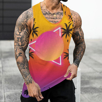 Muški prsluk s printom lišća drveća za plažu Ljeto Ležerni O izrez Jednostavan print bez rukava Majice bez rukava za teretanu Muška odjeća za teretanu Bodybuilding 2023