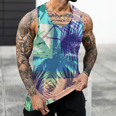 Muški prsluk s printom lišća drveća za plažu Ljeto Ležerni O izrez Jednostavan print bez rukava Majice bez rukava za teretanu Muška odjeća za teretanu Bodybuilding 2023