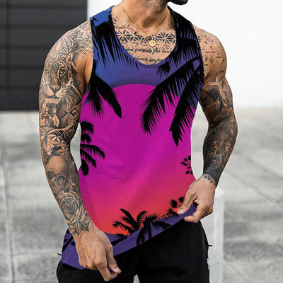 Muški prsluk s printom lišća drveća za plažu Ljeto Ležerni O izrez Jednostavan print bez rukava Majice bez rukava za teretanu Muška odjeća za teretanu Bodybuilding 2023