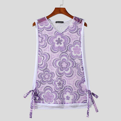 Ανδρικά φανελάκια με λουλούδια στάμπα Διχτυωτό διαφανές κορδόνι V λαιμόκοψη καλοκαιρινά αμάνικα γιλέκα Streetwear Σέξι ανδρικά ρούχα S-5XL INCERUN