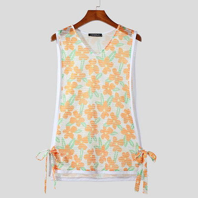 Ανδρικά φανελάκια με λουλούδια στάμπα Διχτυωτό διαφανές κορδόνι V λαιμόκοψη καλοκαιρινά αμάνικα γιλέκα Streetwear Σέξι ανδρικά ρούχα S-5XL INCERUN