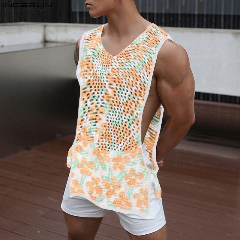 Ανδρικά φανελάκια με λουλούδια στάμπα Διχτυωτό διαφανές κορδόνι V λαιμόκοψη καλοκαιρινά αμάνικα γιλέκα Streetwear Σέξι ανδρικά ρούχα S-5XL INCERUN