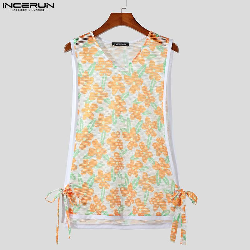 Ανδρικά φανελάκια με λουλούδια στάμπα Διχτυωτό διαφανές κορδόνι V λαιμόκοψη καλοκαιρινά αμάνικα γιλέκα Streetwear Σέξι ανδρικά ρούχα S-5XL INCERUN