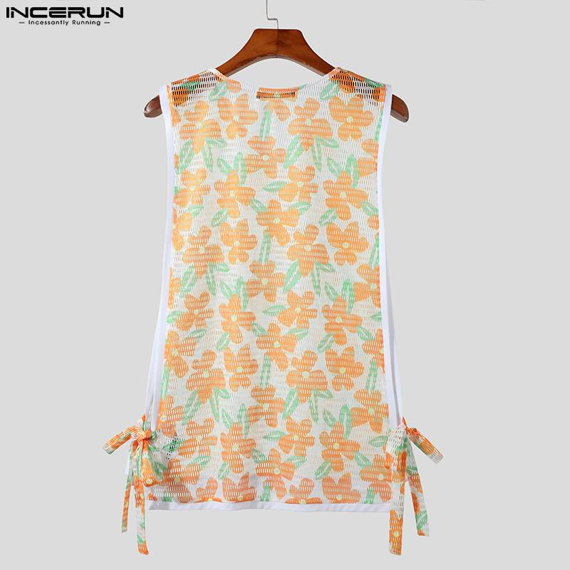 Ανδρικά φανελάκια με λουλούδια στάμπα Διχτυωτό διαφανές κορδόνι V λαιμόκοψη καλοκαιρινά αμάνικα γιλέκα Streetwear Σέξι ανδρικά ρούχα S-5XL INCERUN