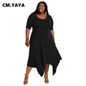 CM.YAYA Moteriška didelio dydžio suknelė solidžia trumpomis rankovėmis O formos iškirpte Laisvos asimetrinės maksimalios ilgos suknelės Kasdieninės mados gatvės apranga vasara