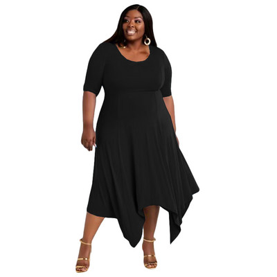 CM.YAYA Moteriška didelio dydžio suknelė solidžia trumpomis rankovėmis O formos iškirpte Laisvos asimetrinės maksimalios ilgos suknelės Kasdieninės mados gatvės apranga vasara