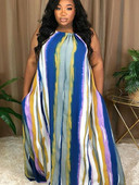 ZJFZML ZZ Rochii maxi cu imprimeu în dungi verticale pentru femei, cu gât, fără mâneci, până la podea, ținute rave de vară