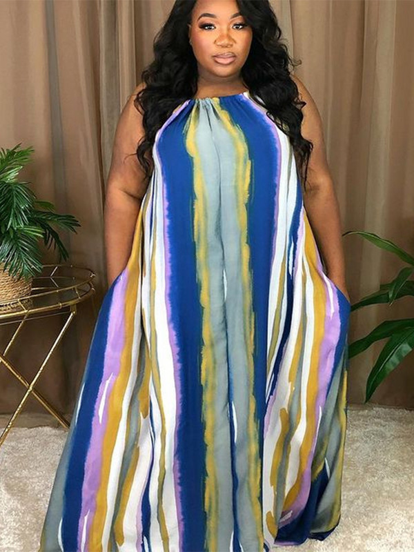 ZJFZML ZZ Rochii maxi cu imprimeu în dungi verticale pentru femei, cu gât, fără mâneci, până la podea, ținute rave de vară
