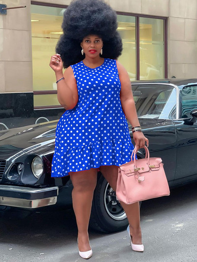 ZJFZML ZZ Liela izmēra A-līnijas kleitas ar punktveida apdruku bez piedurknēm, kroku, brīva kleita Klasisks vintage sieviešu apģērbs Jauns