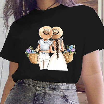 Női fekete ruhák Új nővér stílus Rajzfilm divat rövid ujjú nyári nyomtatott póló Női póló felsők Grafikus 90-es évek női póló