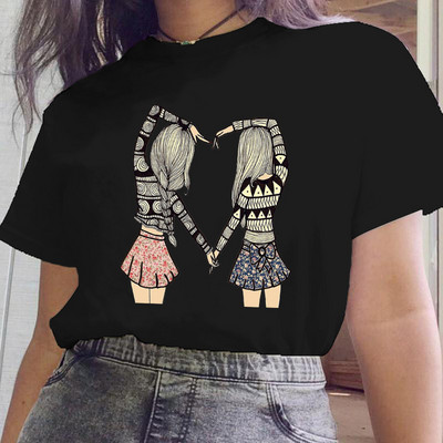 Női fekete ruhák Új nővér stílus Rajzfilm divat rövid ujjú nyári nyomtatott póló Női póló felsők Grafikus 90-es évek női póló