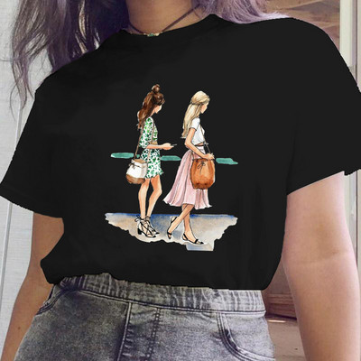 Női fekete ruhák Új nővér stílus Rajzfilm divat rövid ujjú nyári nyomtatott póló Női póló felsők Grafikus 90-es évek női póló