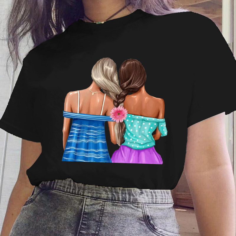 Női fekete ruhák Új nővér stílus Rajzfilm divat rövid ujjú nyári nyomtatott póló Női póló felsők Grafikus 90-es évek női póló