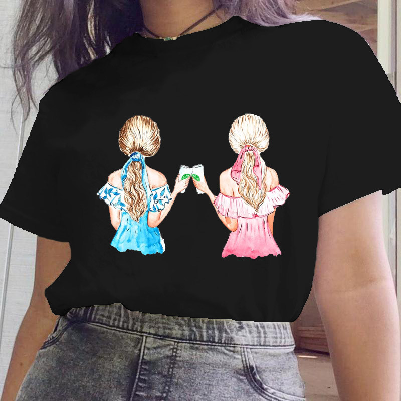 Női fekete ruhák Új nővér stílus Rajzfilm divat rövid ujjú nyári nyomtatott póló Női póló felsők Grafikus 90-es évek női póló