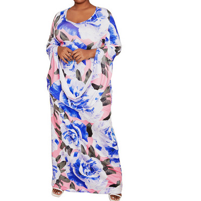 Liela izmēra sieviešu apģērbs ar U veida kakla izgriezumu, zils, rozā, botānikas apdruka ar ziedu apdruku, kleita, sieviete, pavasaris, rudens, braukšana ar trim ceturtdaļām piedurknēm.