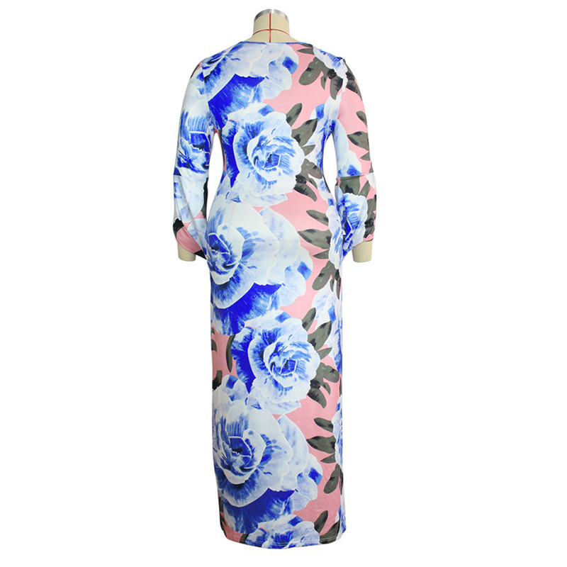 Liela izmēra sieviešu apģērbs ar U veida kakla izgriezumu, zils, rozā, botānikas apdruka ar ziedu apdruku, kleita, sieviete, pavasaris, rudens, braukšana ar trim ceturtdaļām piedurknēm.