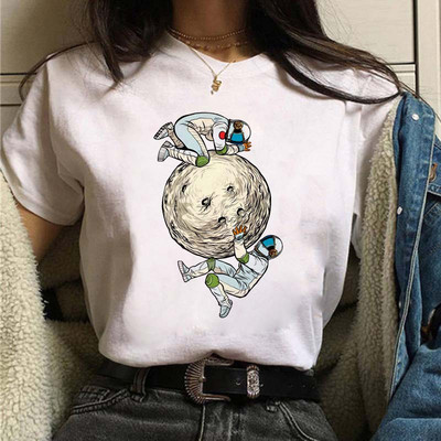 Új női póló Astronaut univerzum Nyomtatott póló Lady Cartoon O Neck Kawaii Ruházat Rövid ujjú nyári alkalmi felsők Tee femme