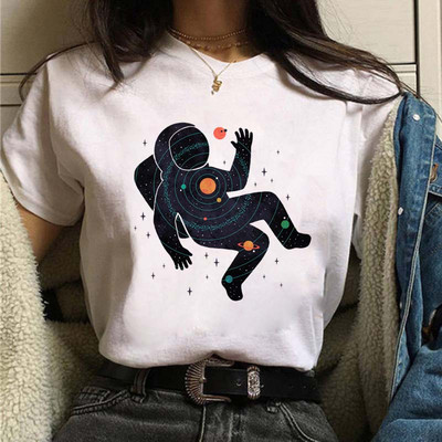 Új női póló Astronaut univerzum Nyomtatott póló Lady Cartoon O Neck Kawaii Ruházat Rövid ujjú nyári alkalmi felsők Tee femme