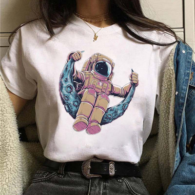 Új női póló Astronaut univerzum Nyomtatott póló Lady Cartoon O Neck Kawaii Ruházat Rövid ujjú nyári alkalmi felsők Tee femme