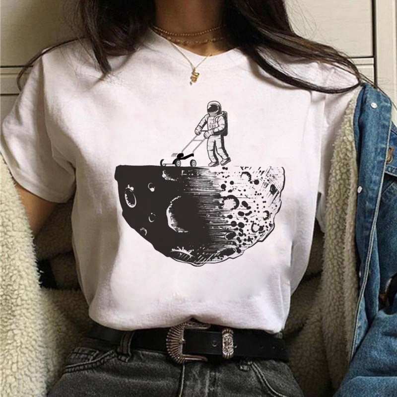 Új női póló Astronaut univerzum Nyomtatott póló Lady Cartoon O Neck Kawaii Ruházat Rövid ujjú nyári alkalmi felsők Tee femme