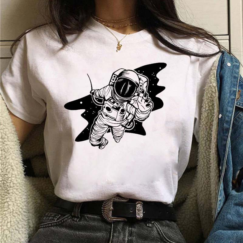 Új női póló Astronaut univerzum Nyomtatott póló Lady Cartoon O Neck Kawaii Ruházat Rövid ujjú nyári alkalmi felsők Tee femme