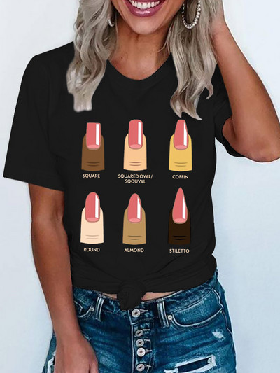 Vicces színes köröm póló női rövid ujjú koreai nyomtatott ruházat trendi női póló felsők Grafikus Kawaii póló női ruhák