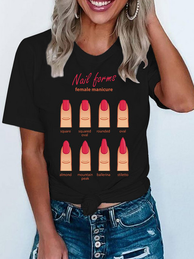 Vicces színes köröm póló női rövid ujjú koreai nyomtatott ruházat trendi női póló felsők Grafikus Kawaii póló női ruhák