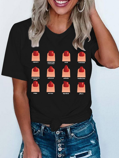 Vicces színes köröm póló női rövid ujjú koreai nyomtatott ruházat trendi női póló felsők Grafikus Kawaii póló női ruhák