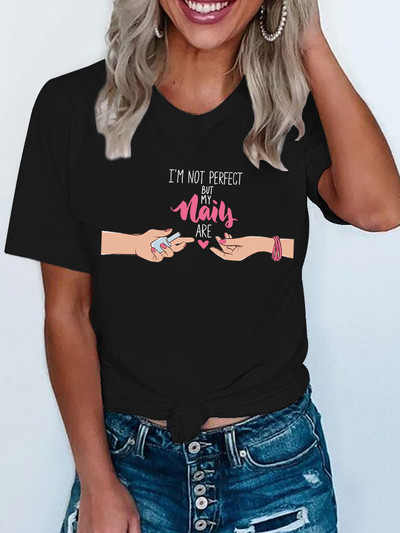 Vicces színes köröm póló női rövid ujjú koreai nyomtatott ruházat trendi női póló felsők Grafikus Kawaii póló női ruhák