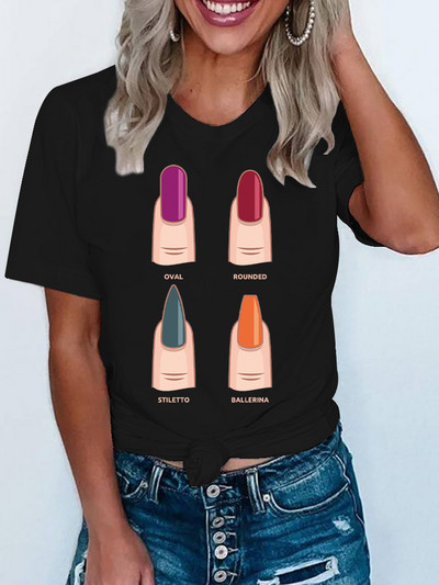 Vicces színes köröm póló női rövid ujjú koreai nyomtatott ruházat trendi női póló felsők Grafikus Kawaii póló női ruhák