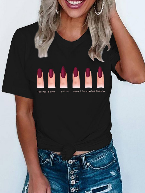 Vicces színes köröm póló női rövid ujjú koreai nyomtatott ruházat trendi női póló felsők Grafikus Kawaii póló női ruhák