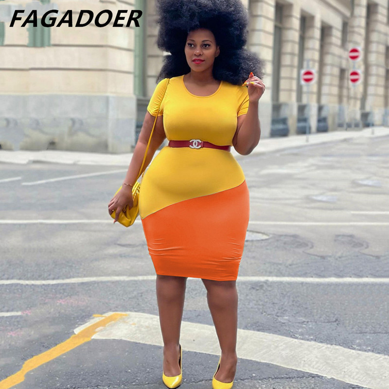 FAGADOER sieviešu vintage krāsu patchwork liela izmēra kleitas sievietēm 2022. gada eleganta bodycon kleita XL-4XL īsām piedurknēm OL stila kleita